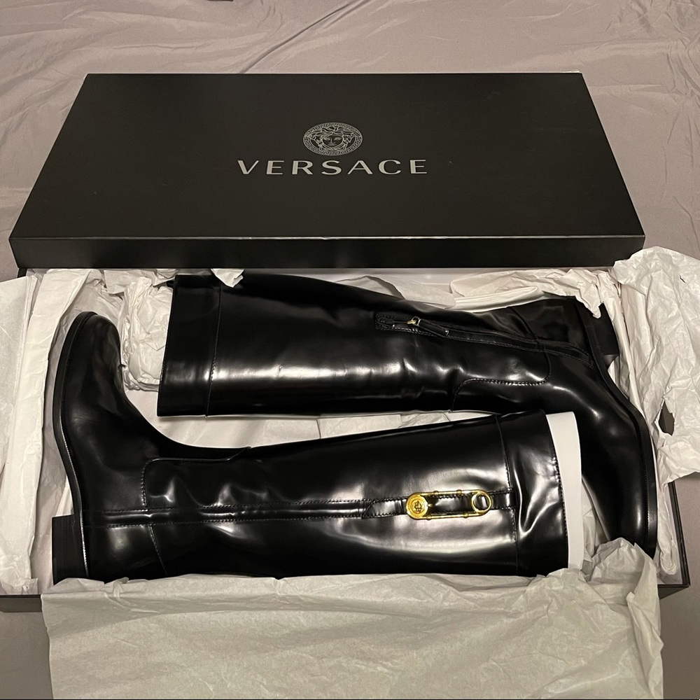 Versace safety pin knee length boots